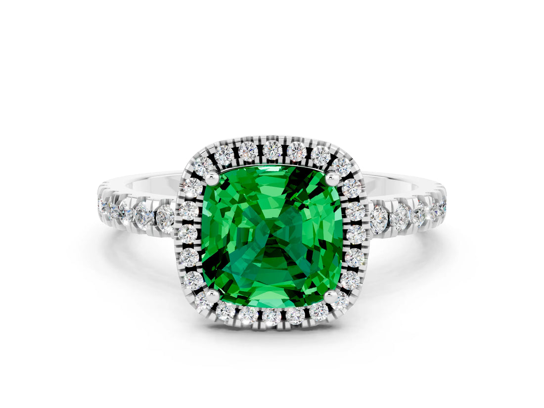White gold Cushion Cut Halo Diamond Pave Band with Prong Setting