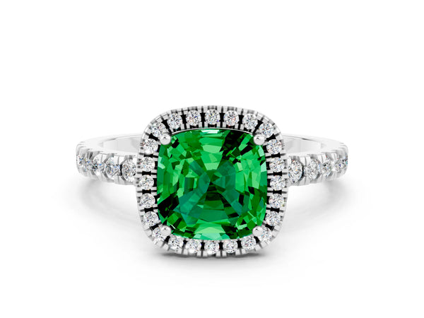 Silver Cushion Cut Emerald Classic Halo Engagement Ring with Round Pavé Band and Prong Setting