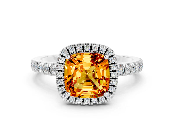 Silver Cushion Cut Citrine Classic Halo Engagement Ring with Round Pavé Band and Prong Setting