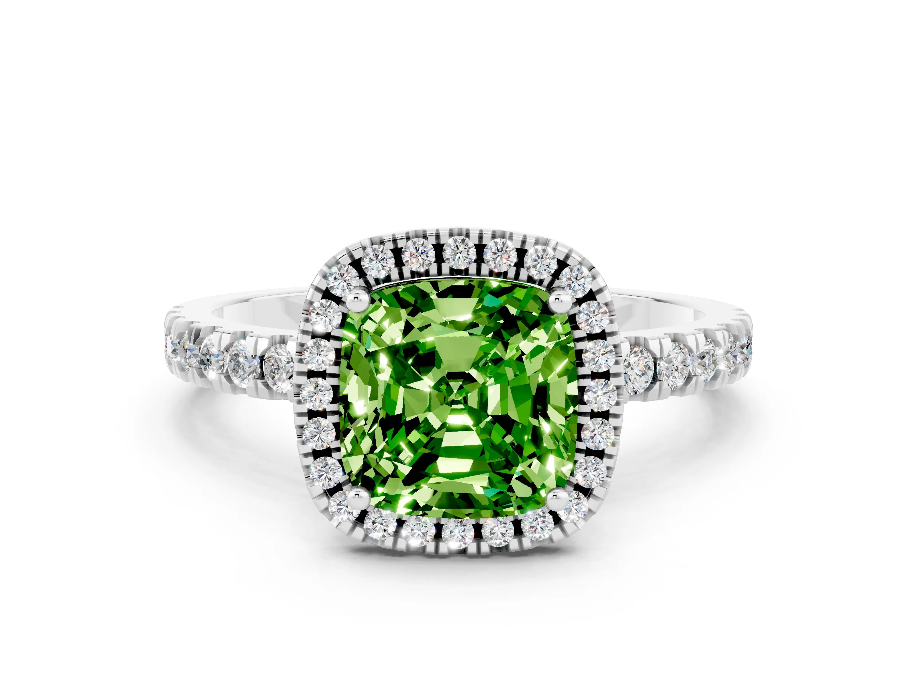 White gold Cushion Cut Halo Diamond Pave Band with Prong Setting