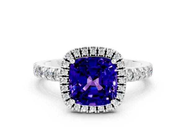 Platinum Cushion Cut Tanzanite Classic Halo Engagement Ring with Round Pavé Band and Prong Setting