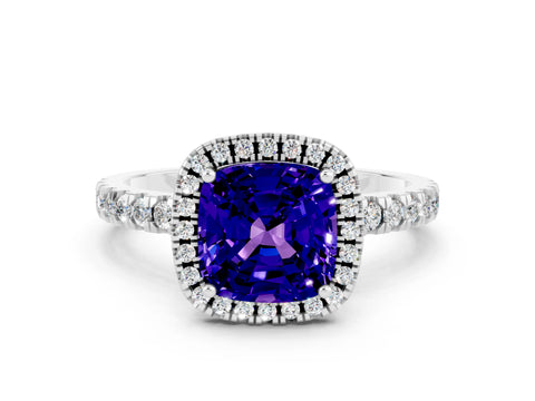 White gold Cushion Cut Halo Diamond Pave Band with Prong Setting