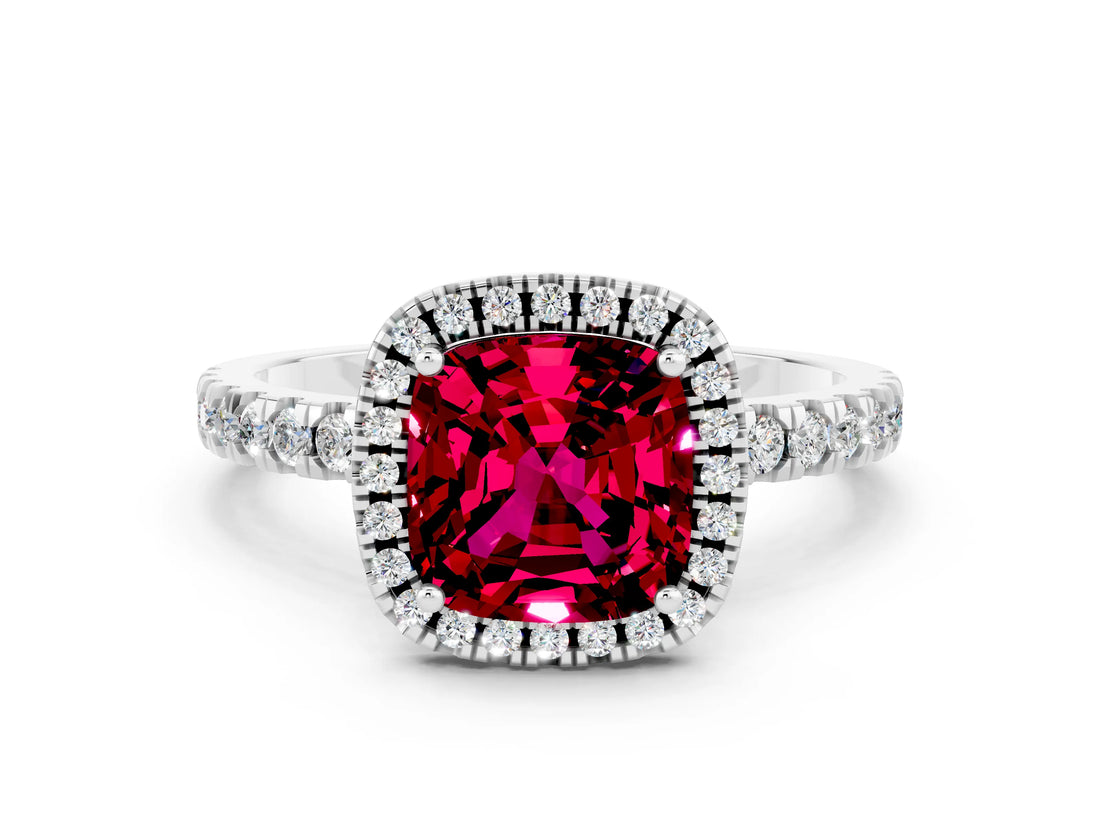 White gold Cushion Cut Halo Diamond Pave Band with Prong Setting