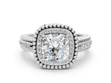 White gold Cushion Cut Halo Diamond Ring with Beaded Split Shank and Four-Prong Setting_98