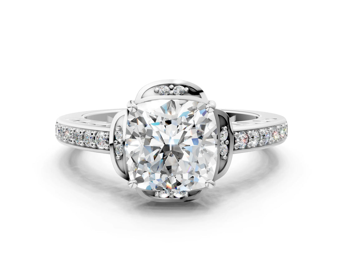 White gold Cushion Cut Halo Diamond Ring with Channel Set Band and Four-Prong Setting_50