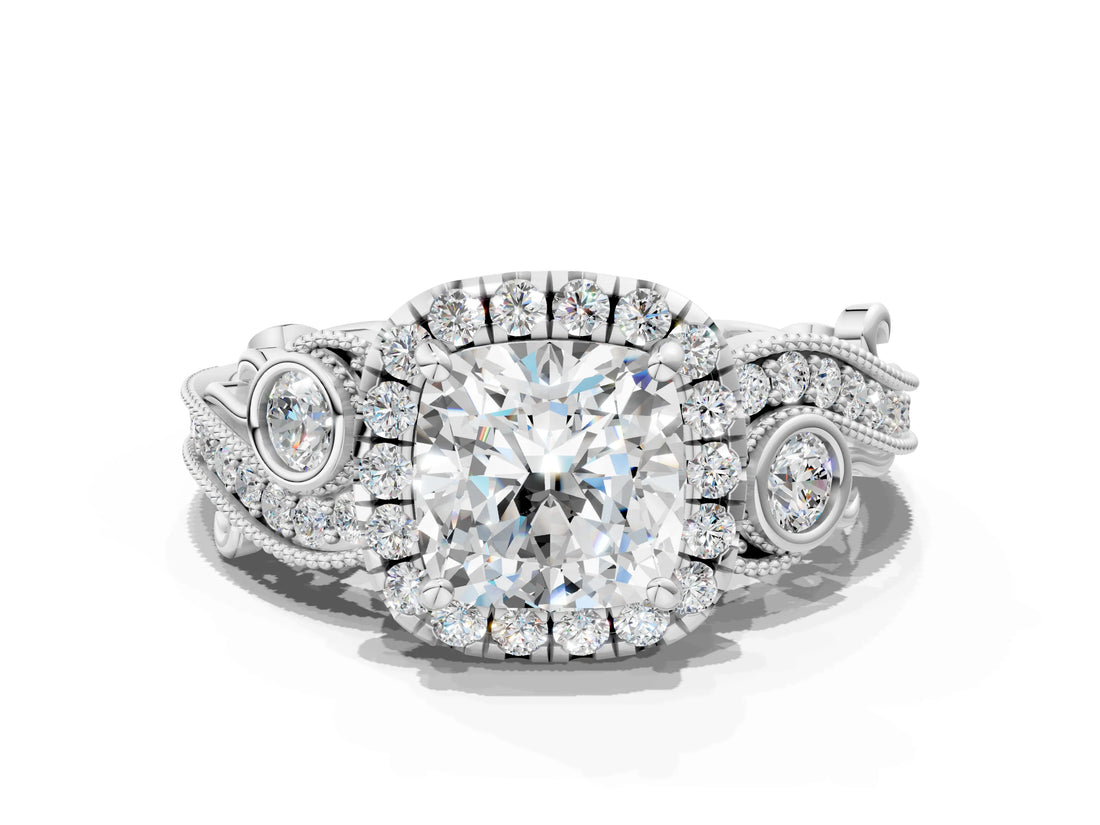White gold Cushion Cut Halo Diamond Ring with Milgrain and Bezel Accents on a Split Shank Band_15