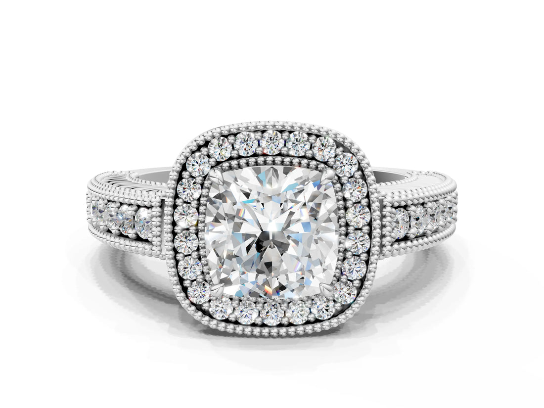 White gold Cushion Cut Halo Diamond Ring with Pavé Band and Four-Prong Setting_71