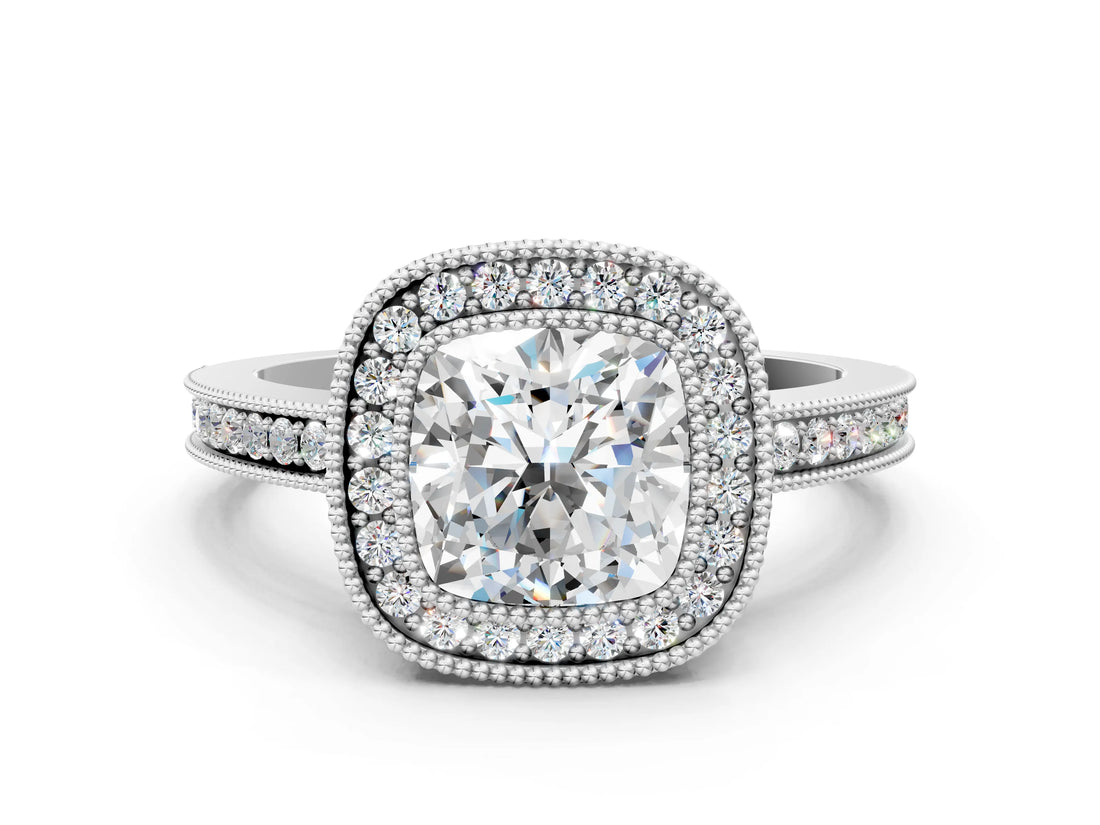 White gold Cushion Cut Halo Diamond Ring with Pavé Band and Milgrain Prong Setting_32