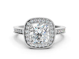 White gold Cushion Cut Halo Diamond Ring with Pavé Band and Milgrain Prong Setting_32