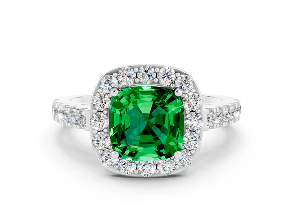 Platinum Cushion Cut Emerald Halo Ring with Round Pavé Split Shank and Prong Setting