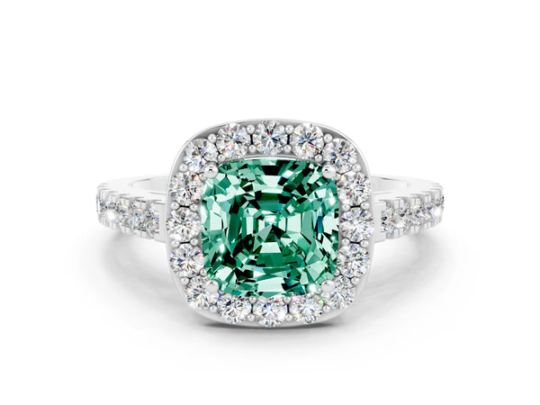 White gold Cushion Cut Green Sapphire Halo Ring with Round Pavé Split Shank and Prong Setting