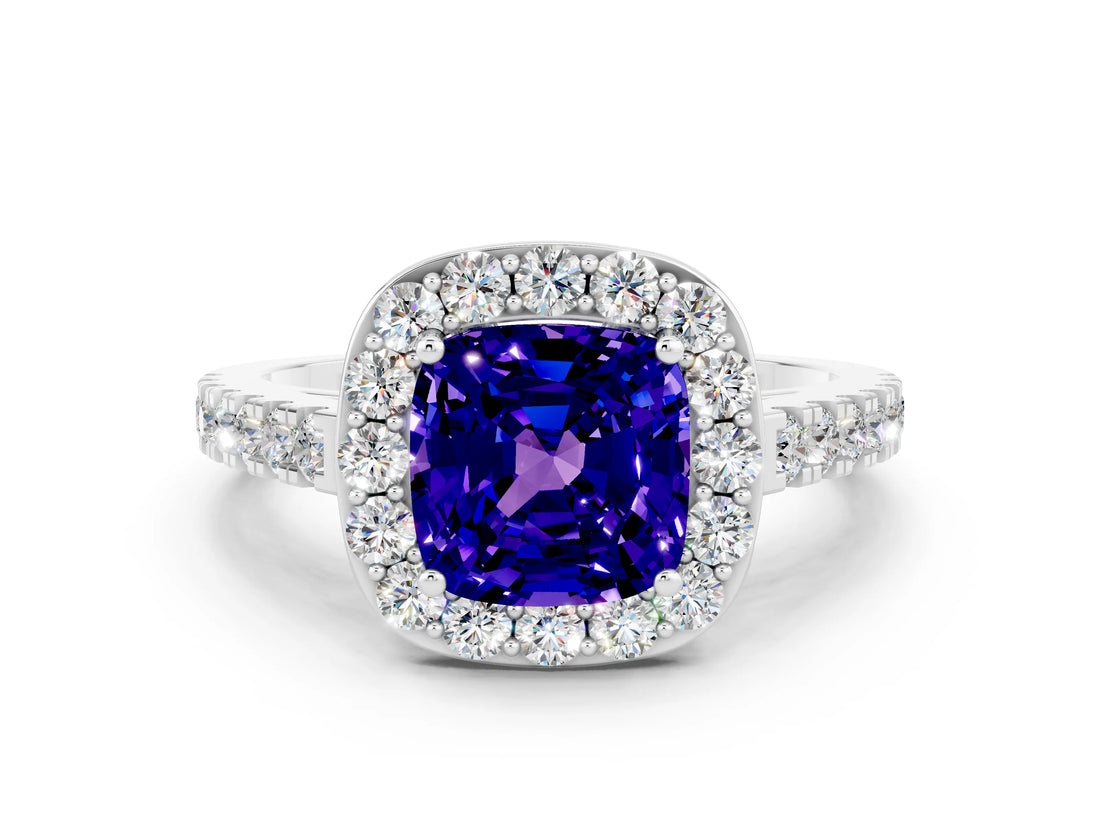 White gold Cushion Cut Halo Diamond Ring with Pavé Band and Three-Prong Setting