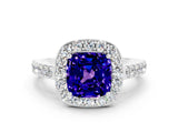 White gold Cushion Cut Halo Diamond Ring with Pavé Band and Three-Prong Setting