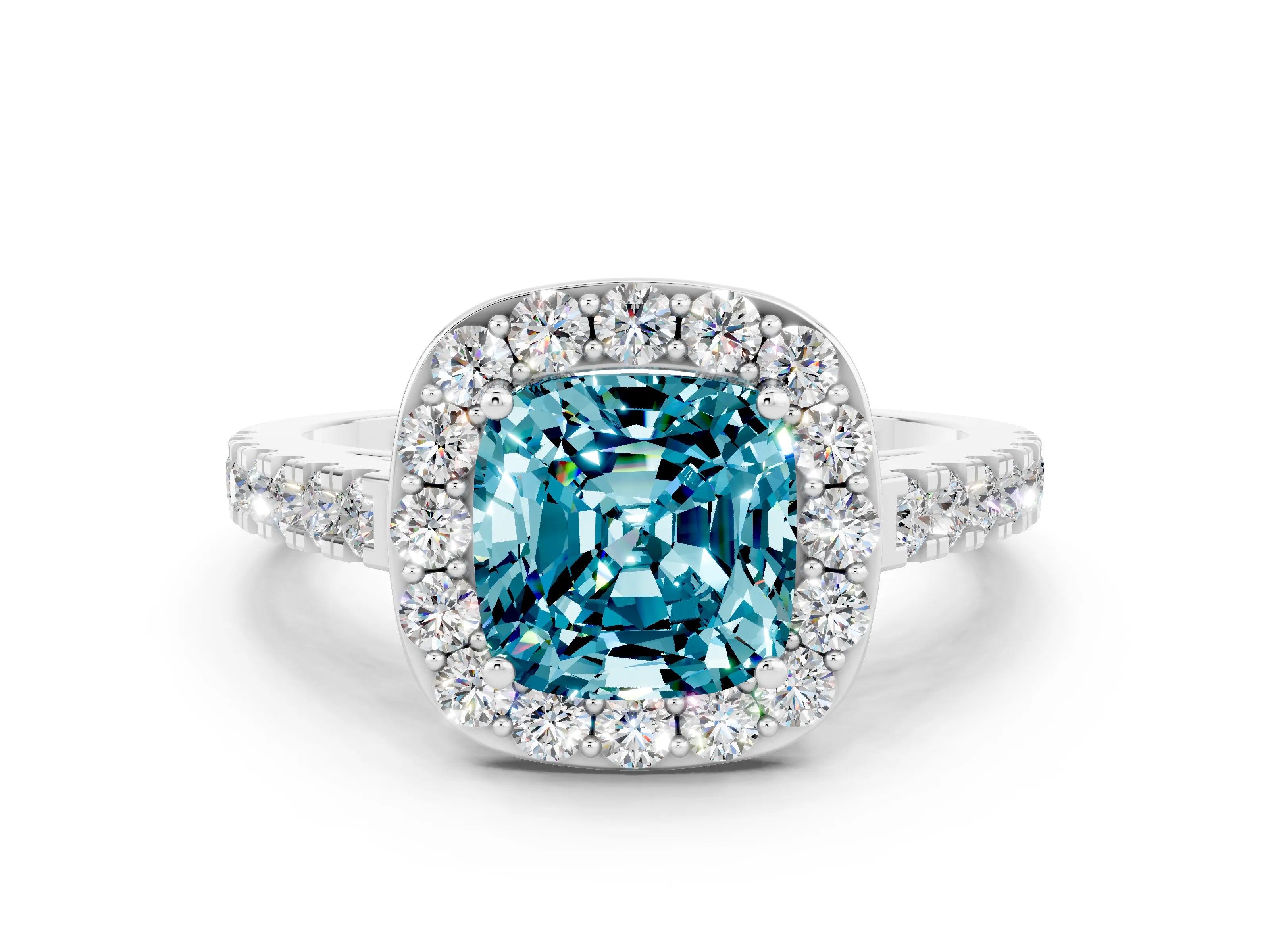 White gold Cushion Cut Halo Diamond Ring with Pavé Band and Three-Prong Setting