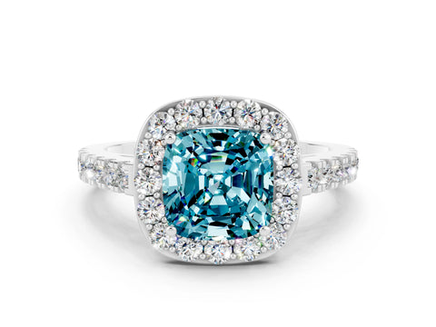 White gold Cushion Cut Halo Diamond Ring with Pavé Band and Three-Prong Setting