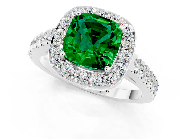 Platinum Cushion Cut Emerald Halo Ring with Round Pavé Split Shank and Prong Setting