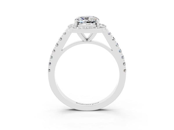White gold Cushion Cut Moissanite Halo Ring with Round Pavé Split Shank and Prong Setting