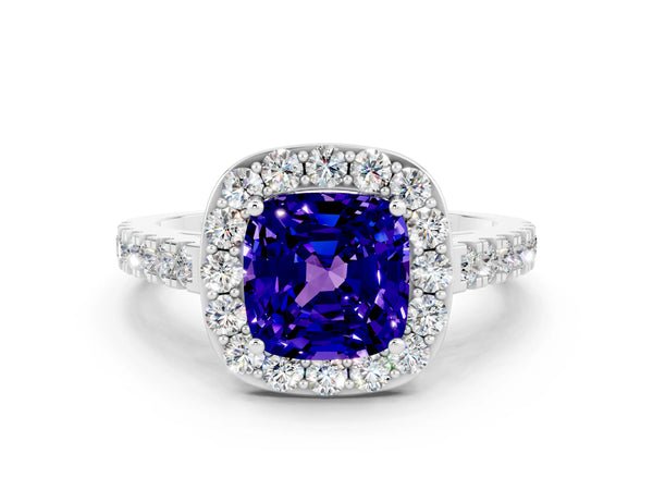 White gold Cushion Cut Tanzanite Halo Ring with Round Pavé Split Shank and Prong Setting