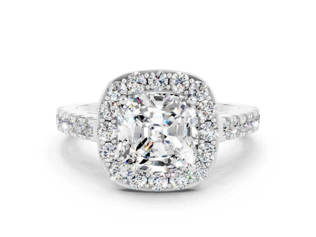 White gold Cushion Cut Halo Diamond Ring with Pavé Band and Three-Prong Setting_12