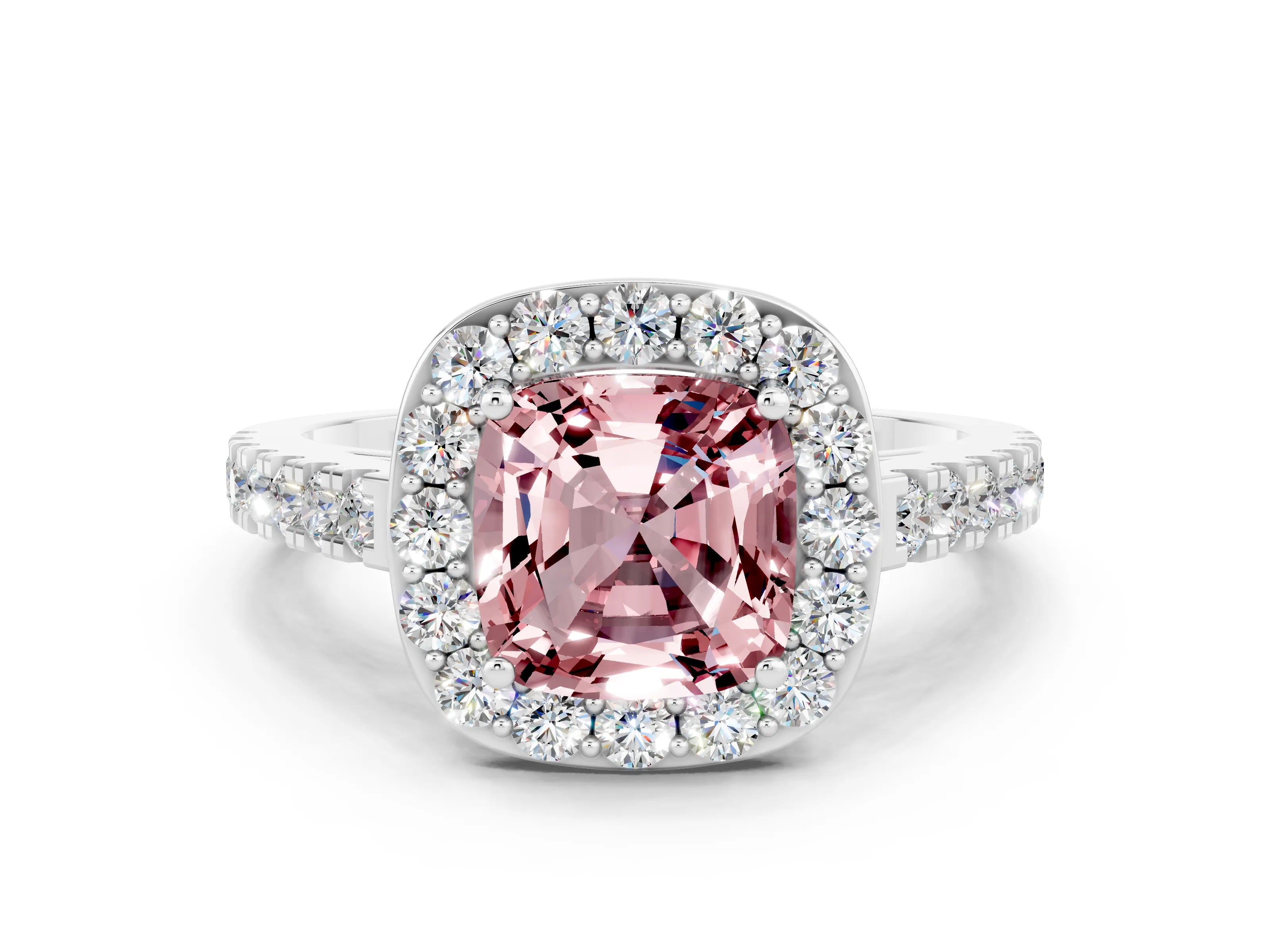 White gold Cushion Cut Halo Diamond Ring with Pavé Band and Three-Prong Setting_12