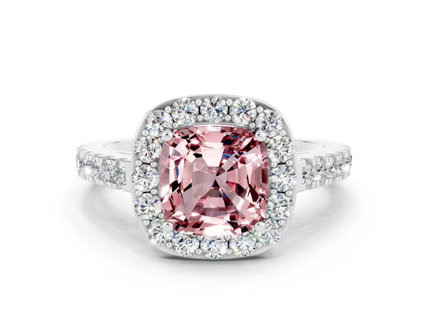 White gold Cushion Cut Halo Diamond Ring with Pavé Band and Three-Prong Setting