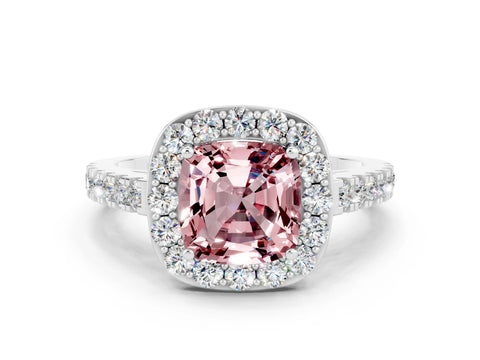 White gold Cushion Cut Halo Diamond Ring with Pavé Band and Three-Prong Setting_12