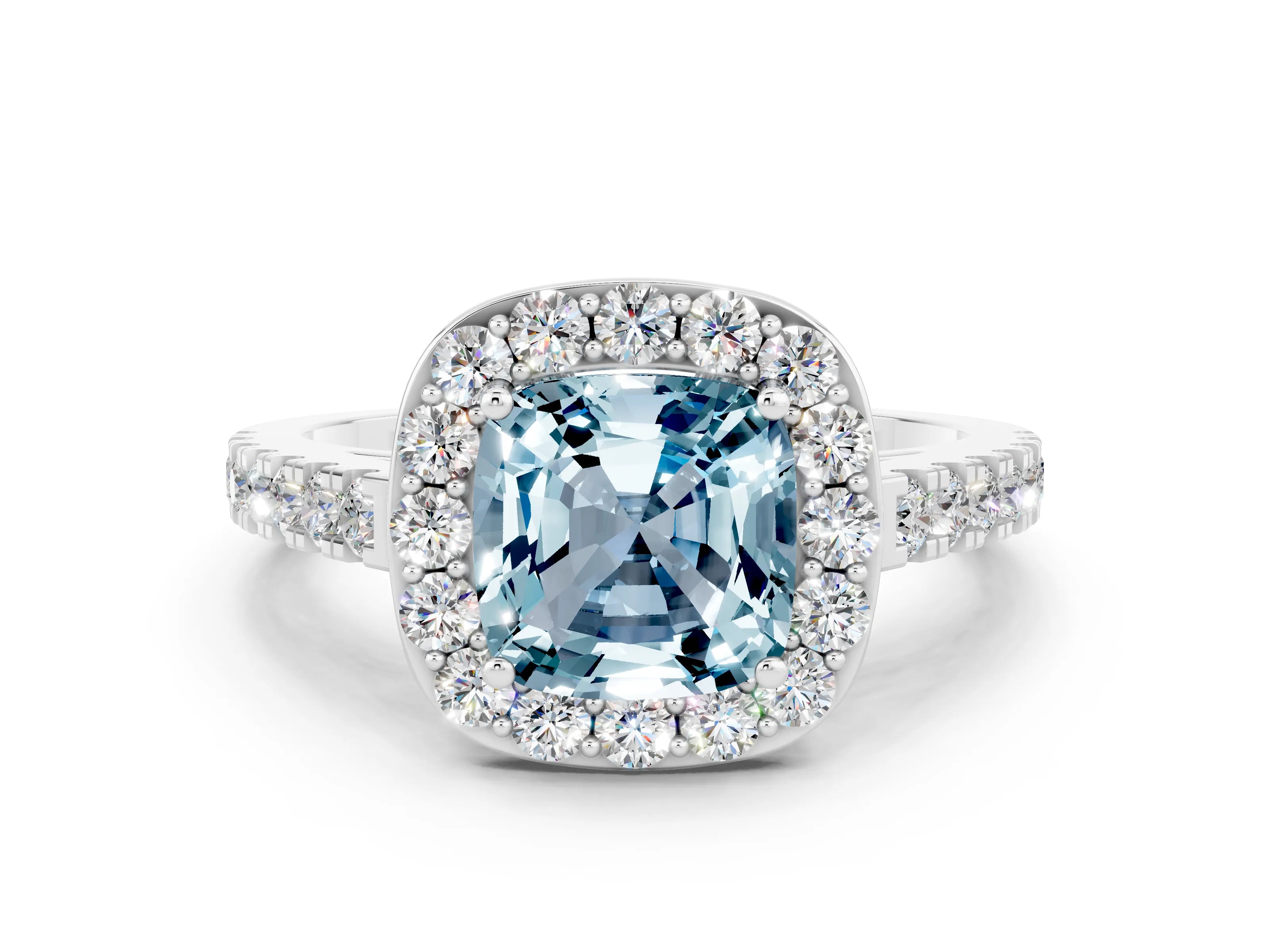 White gold Cushion Cut Halo Diamond Ring with Pavé Band and Three-Prong Setting_12