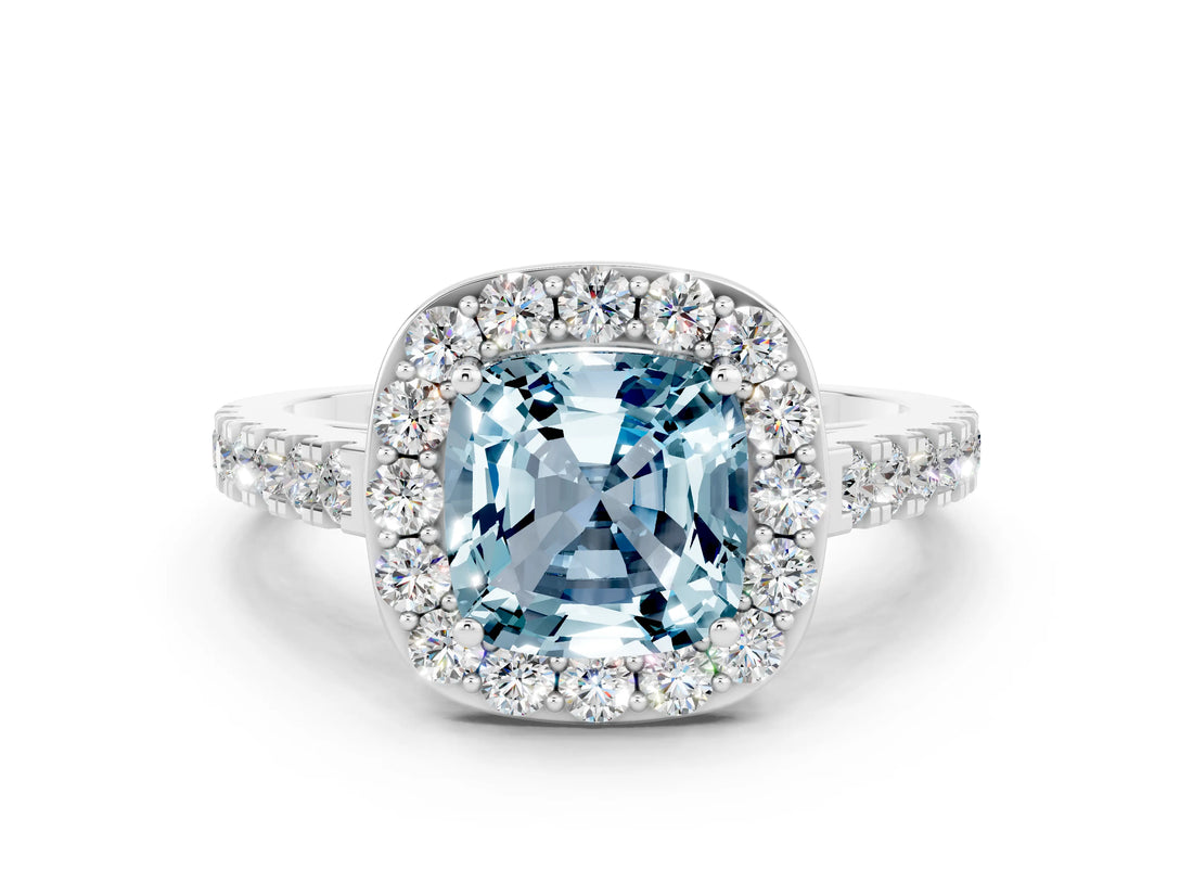 White gold Cushion Cut Halo Diamond Ring with Pavé Band and Three-Prong Setting_12