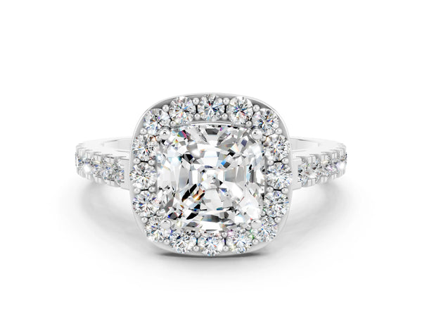 Silver Cushion Cut Moissanite Halo Ring with Round Pavé Split Shank and Prong Setting