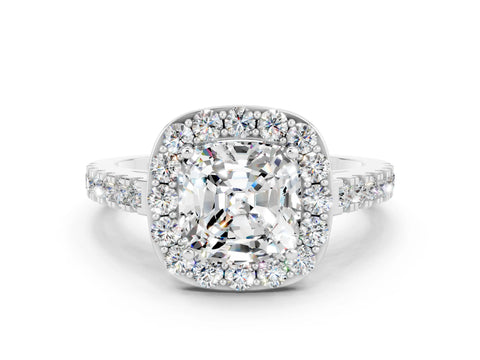 White gold Cushion Cut Halo Diamond Ring with Pavé Band and Three-Prong Setting_12
