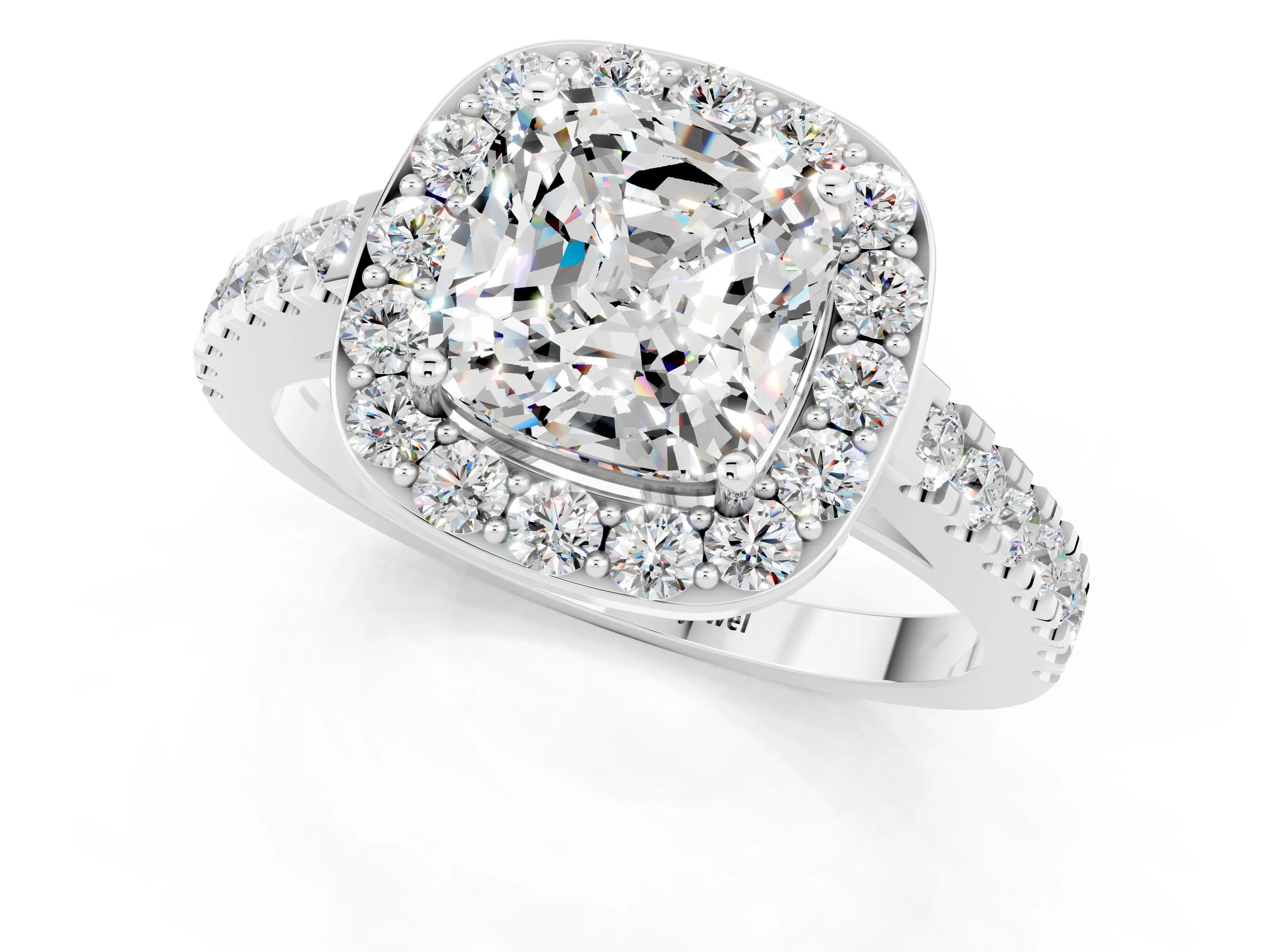 White gold Cushion Cut Halo Diamond Ring with Pavé Band and Three-Prong Setting_13