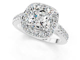 White gold Cushion Cut Halo Diamond Ring with Pavé Band and Three-Prong Setting_13