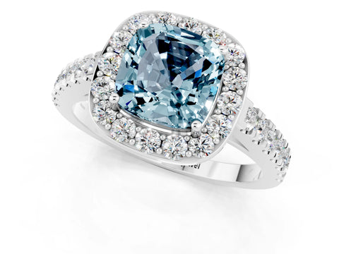 White gold Cushion Cut Halo Diamond Ring with Pavé Band and Three-Prong Setting_13