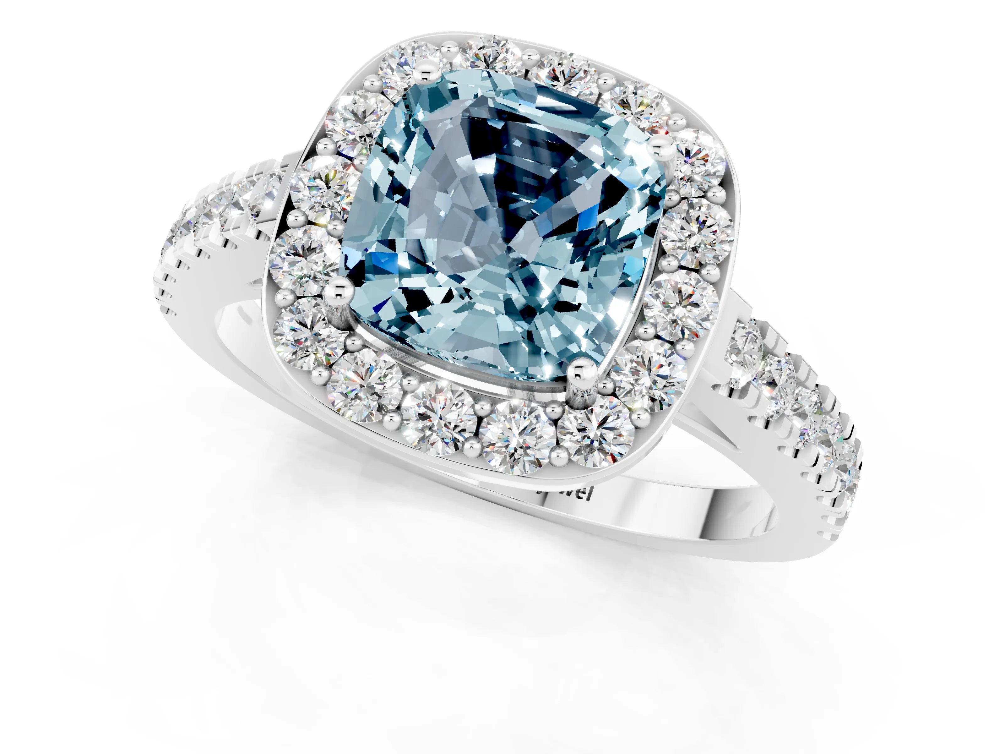 White gold Cushion Cut Halo Diamond Ring with Pavé Band and Three-Prong Setting_13