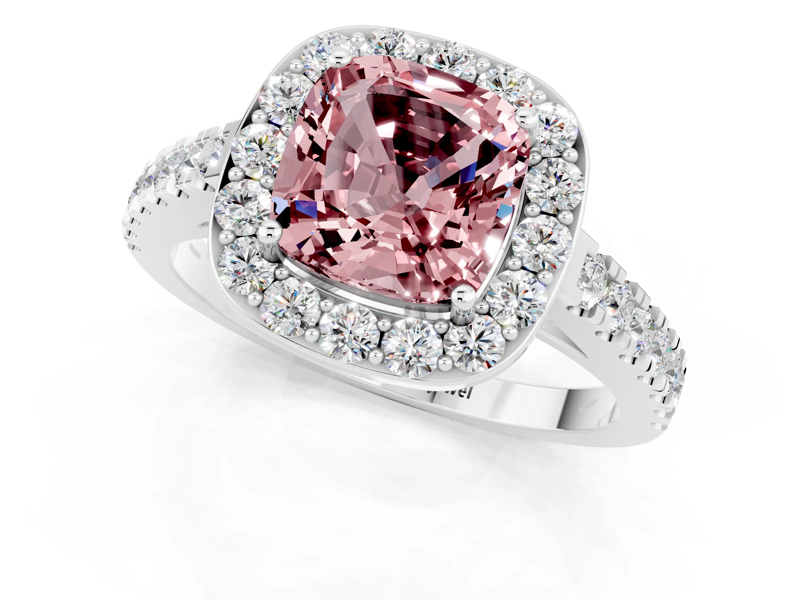 White gold Cushion Cut Halo Diamond Ring with Pavé Band and Three-Prong Setting_13