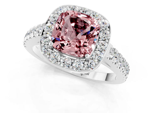 White gold Cushion Cut Halo Diamond Ring with Pavé Band and Three-Prong Setting_13