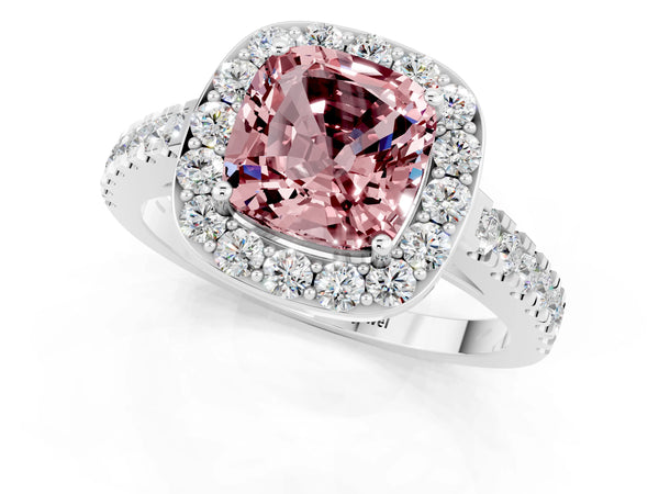 White gold Cushion Cut Halo Diamond Ring with Pavé Band and Three-Prong Setting