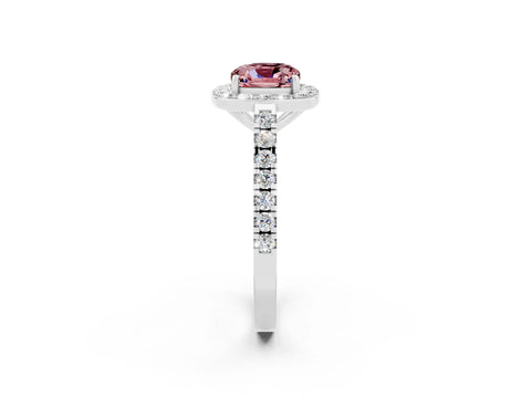 White gold Cushion Cut Halo Diamond Ring with Pavé Band and Three-Prong Setting_14