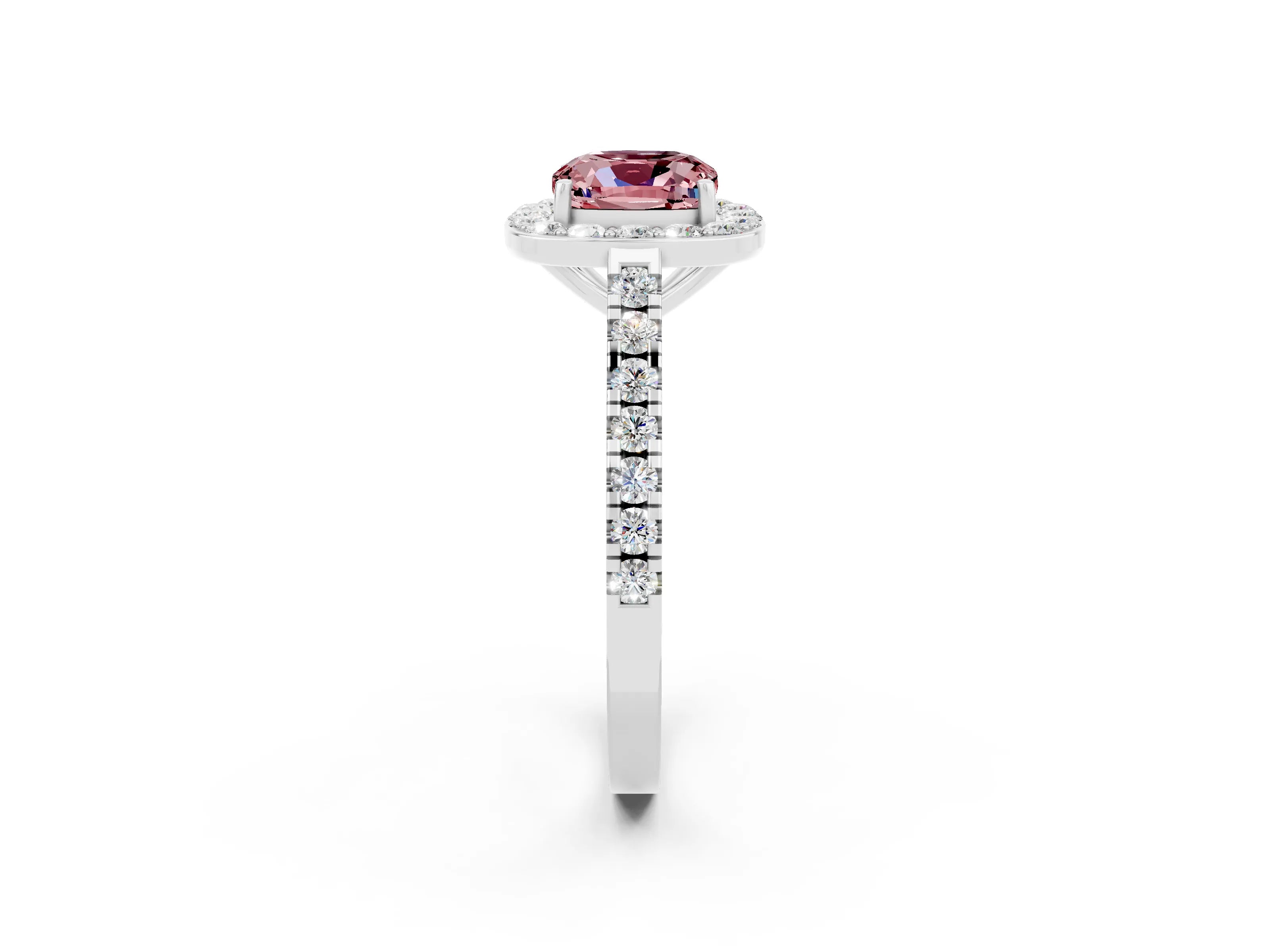 White gold Cushion Cut Halo Diamond Ring with Pavé Band and Three-Prong Setting_14