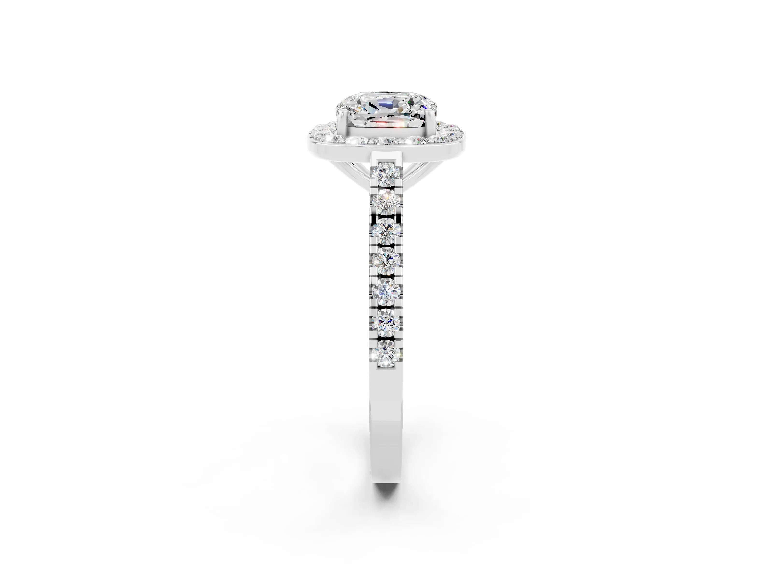 White gold Cushion Cut Halo Diamond Ring with Pavé Band and Three-Prong Setting_14
