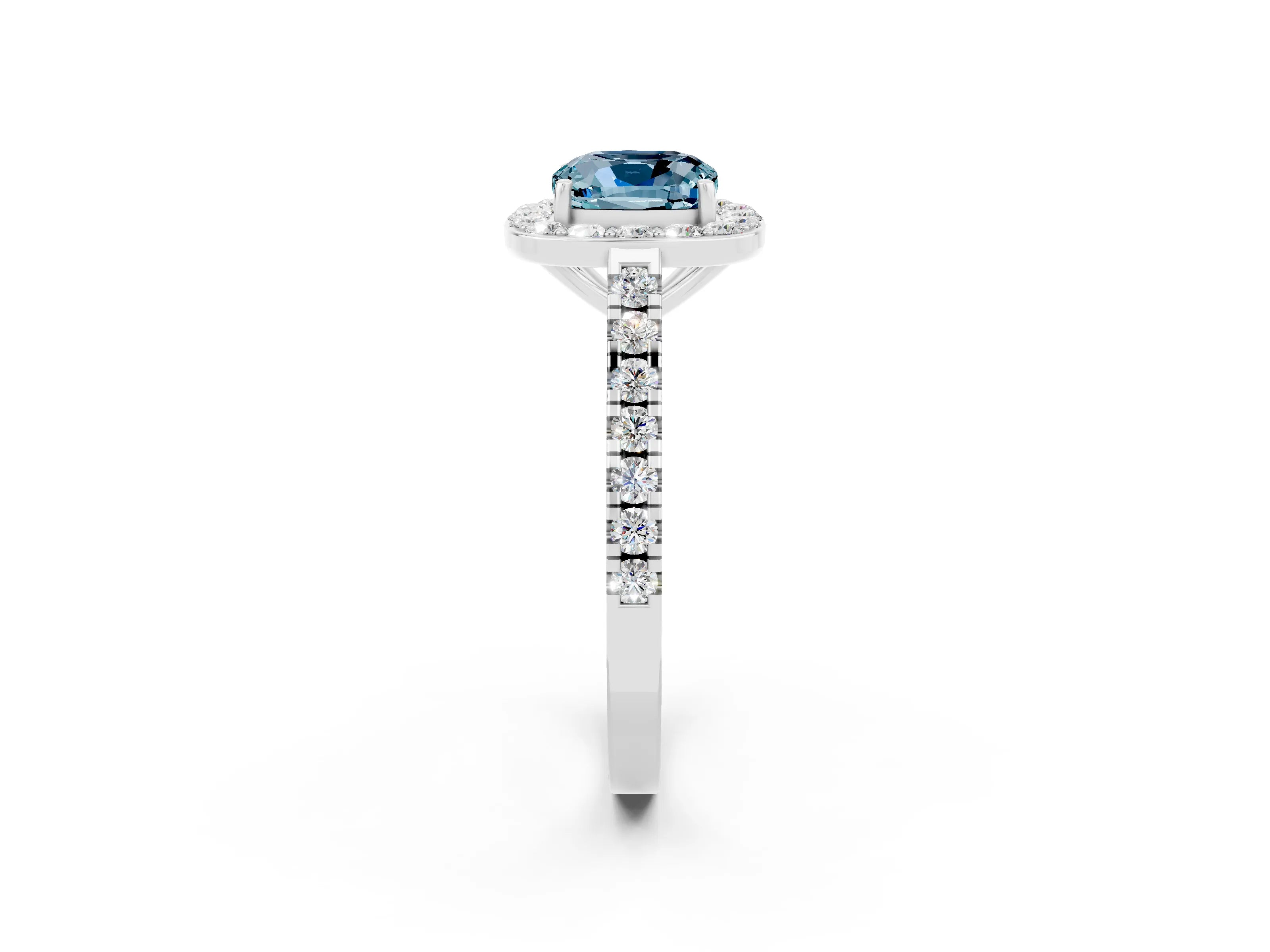 White gold Cushion Cut Halo Diamond Ring with Pavé Band and Three-Prong Setting_14