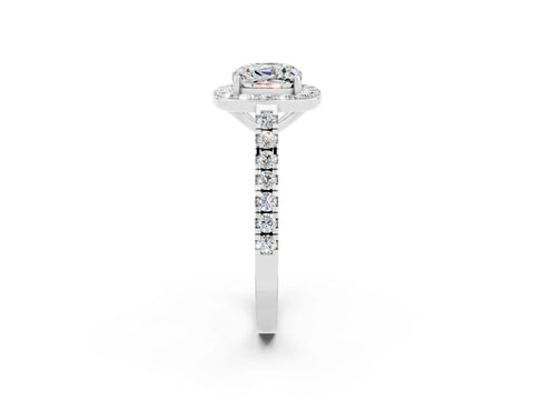 White gold Cushion Cut Halo Diamond Ring with Pavé Band and Three-Prong Setting_14