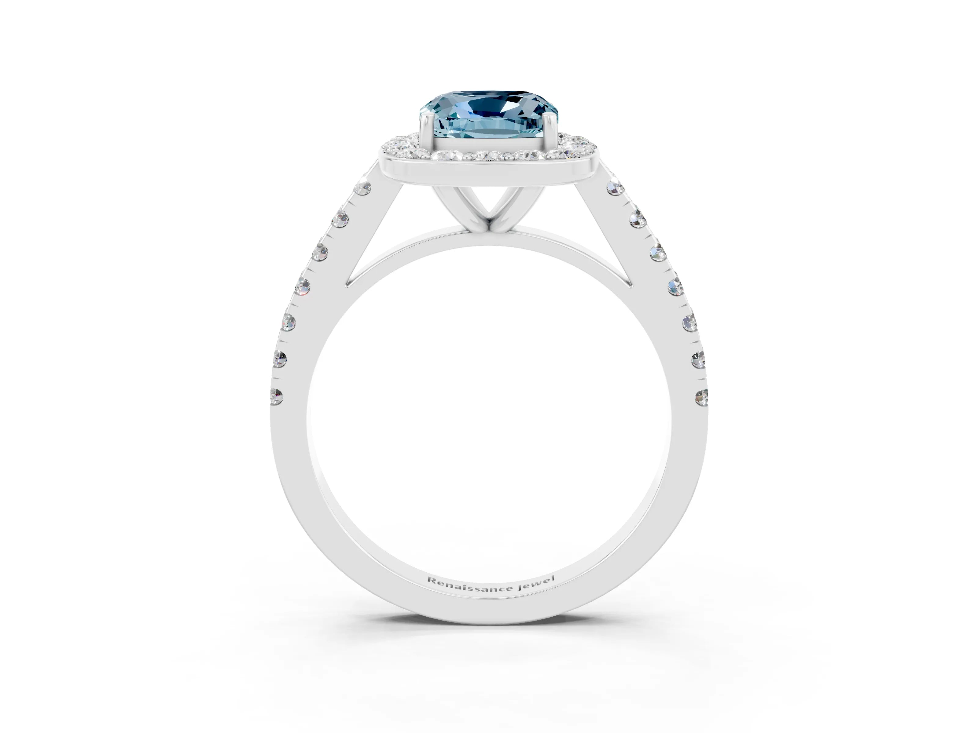 White gold Cushion Cut Halo Diamond Ring with Pavé Band and Three-Prong Setting_15