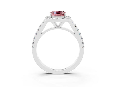 White gold Cushion Cut Halo Diamond Ring with Pavé Band and Three-Prong Setting_15