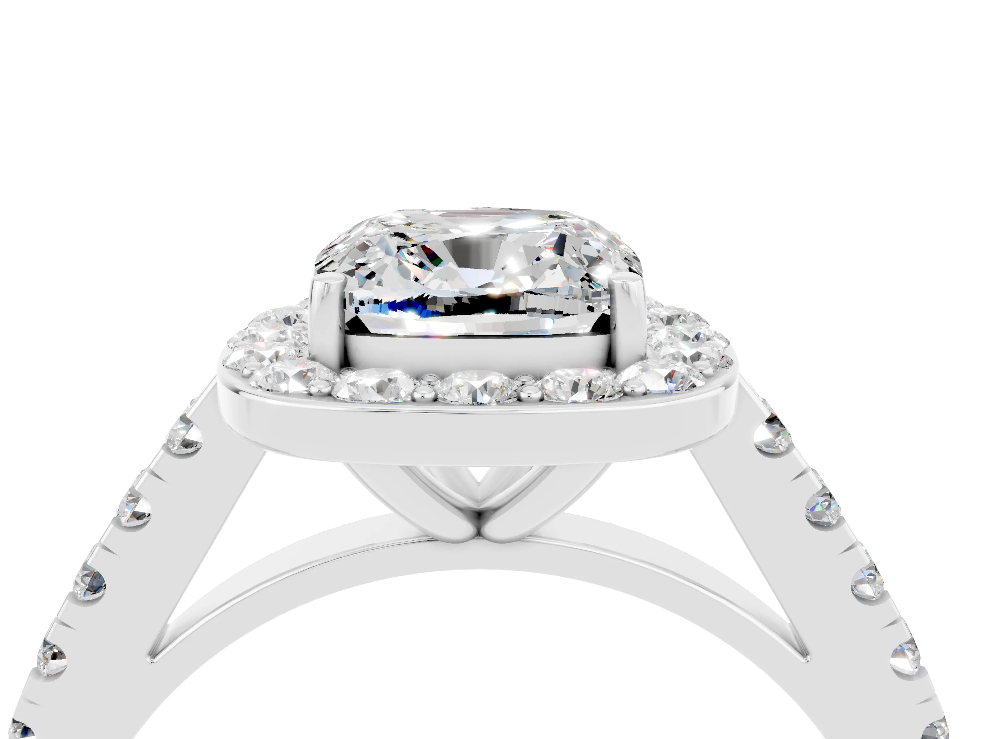 White gold Cushion Cut Halo Diamond Ring with Pavé Band and Three-Prong Setting_16