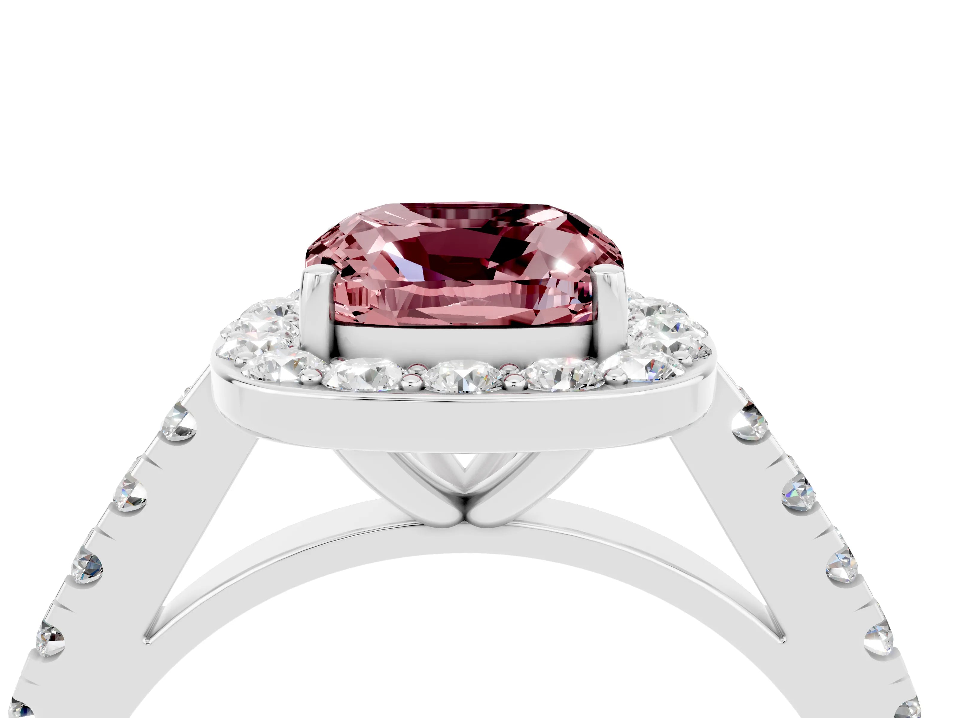 White gold Cushion Cut Halo Diamond Ring with Pavé Band and Three-Prong Setting_16