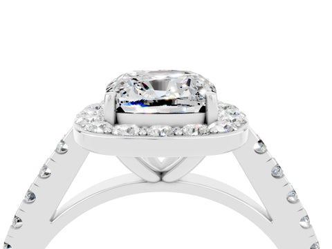 White gold Cushion Cut Halo Diamond Ring with Pavé Band and Three-Prong Setting_16