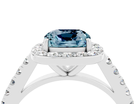White gold Cushion Cut Halo Diamond Ring with Pavé Band and Three-Prong Setting_16