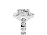 White gold Cushion Cut Halo Diamond Ring with Pavé Band and Three-Prong Setting_17