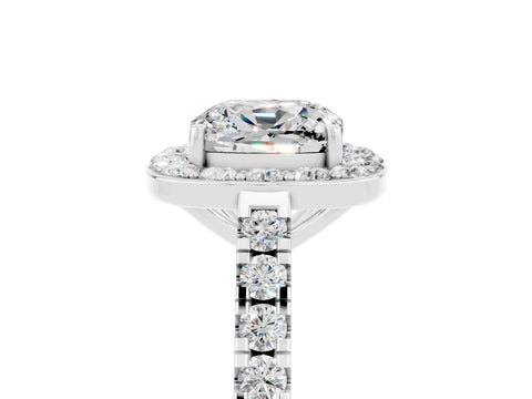 White gold Cushion Cut Halo Diamond Ring with Pavé Band and Three-Prong Setting_17